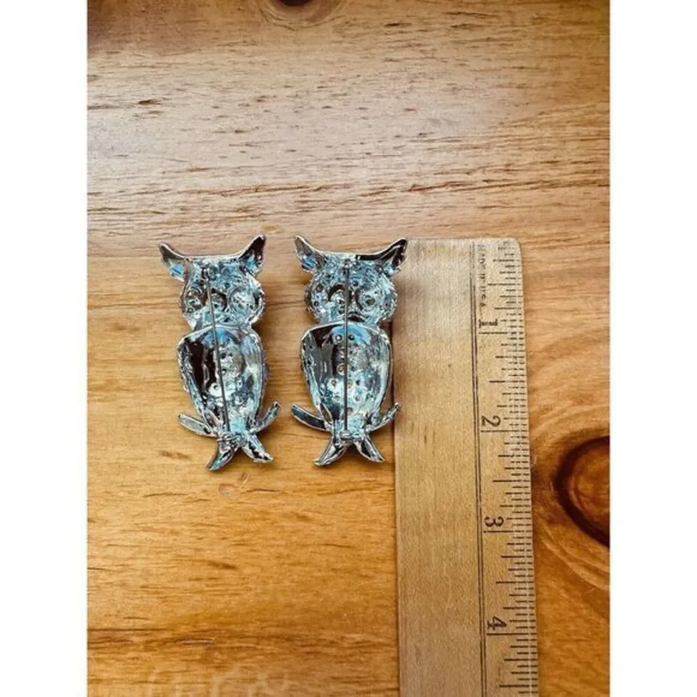 Vintage Silver-tone Baby Blue Rhinestone Owl Pin Brooch Blue Eyes Set‎ Of Two